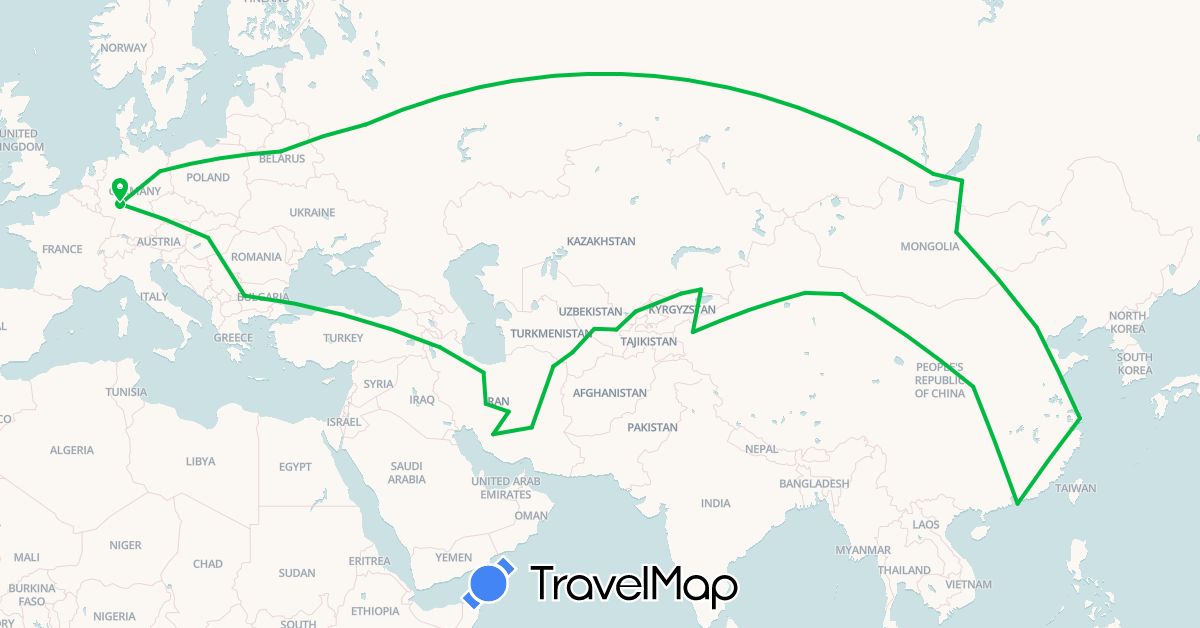 TravelMap itinerary: bus in Bulgaria, Belarus, China, Germany, Hungary, Iran, Kyrgyzstan, Kazakhstan, Mongolia, Russia, Turkmenistan, Uzbekistan (Asia, Europe)